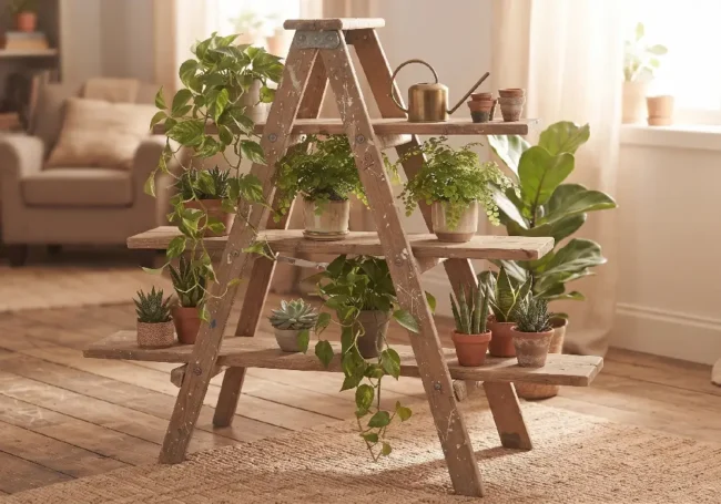 Ahşap Merdivenden Katlı Çiçek Standı