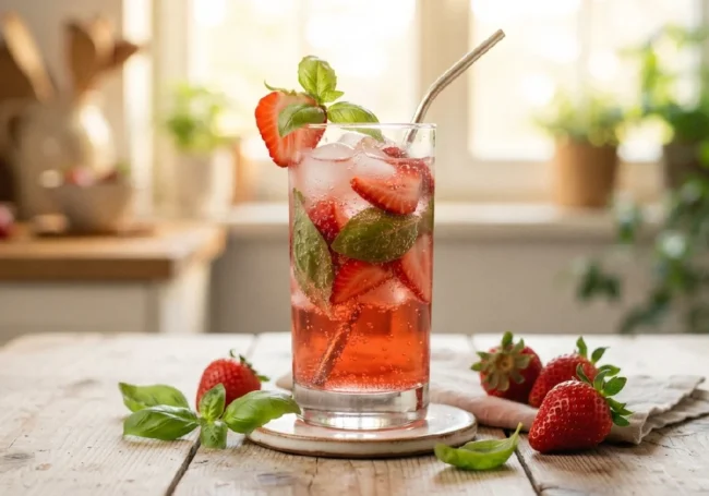 Çilekli ve Fesleğenli Mocktail (Alkolsüz Kokteyl)